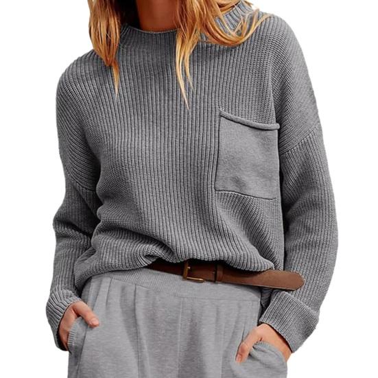 Женский осенне-зимний вязаный свитер с круглым вырезом и длинными рукавами, карманами, толстые теплые однотонные повседневные базовые джемперы, топы, уличная одежда