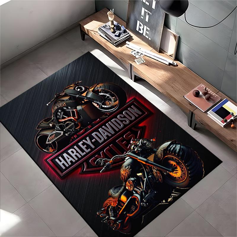 Area Rug, Harley Davidson Cycles Black Orange Custom Chopper Poster, Garage Man Cave Decor, Non-Slip Mat