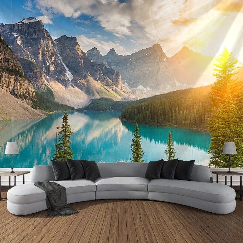 Природные горы, озеро, хвойное дерево, пейзаж, гобелен, настенное украшение для спальни, гостиной, дома