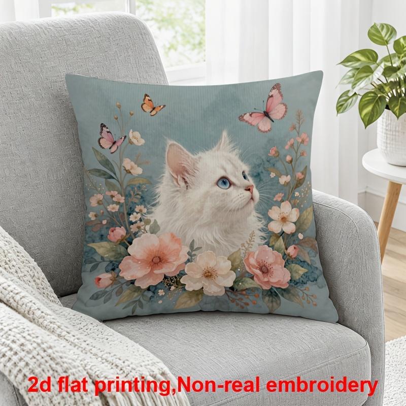 2D Flat Printing, 1pc, White Cat with Blue Eyes Surrounded by Pink And Peach Flowers And Butterflies, Pillow Cover, Polyester, Modern Home Decor: Deco