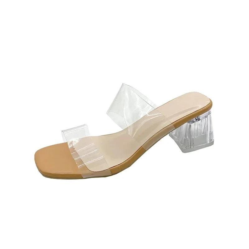 Модные прозрачные сандалии на хрустальном каблуке, женская уличная обувь, высокие каблуки, сексуальный толстый каблук, женские шлепанцы, резиновая подошва, материал ПВХ