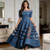 Women's Off Shoulder Denim Dress Mesh Patchwork Short Sleeve A-line Swing Dress Summer Travel