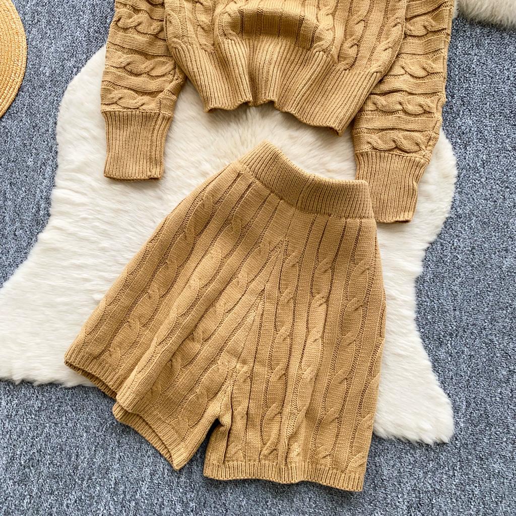 Autumn Winter Women Casual Knitted Twist Sweater Pant Two Piece Set Lapel Horn Button Cardigan Jacket and Elastic Waist Shorts Tracksuit