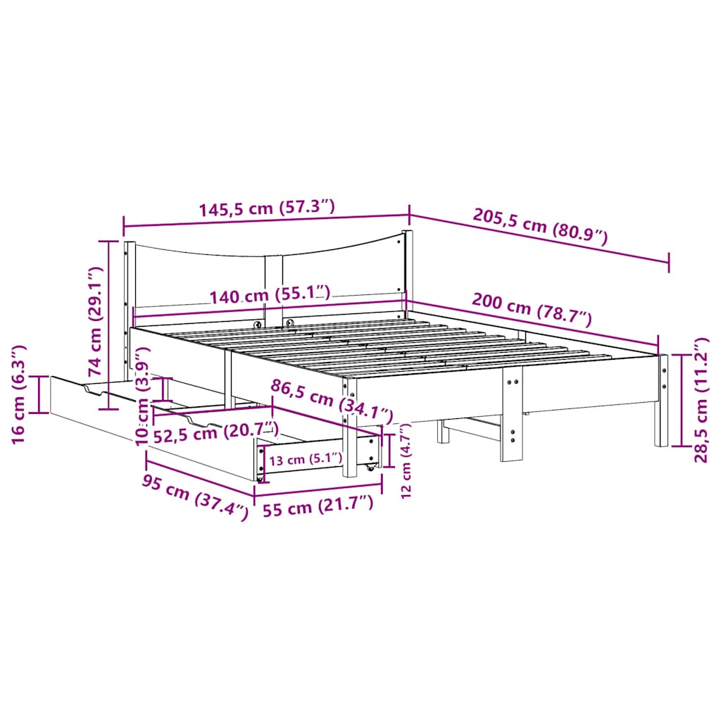 Solid Wood Bed with Drawers White 140x200 cm Pine