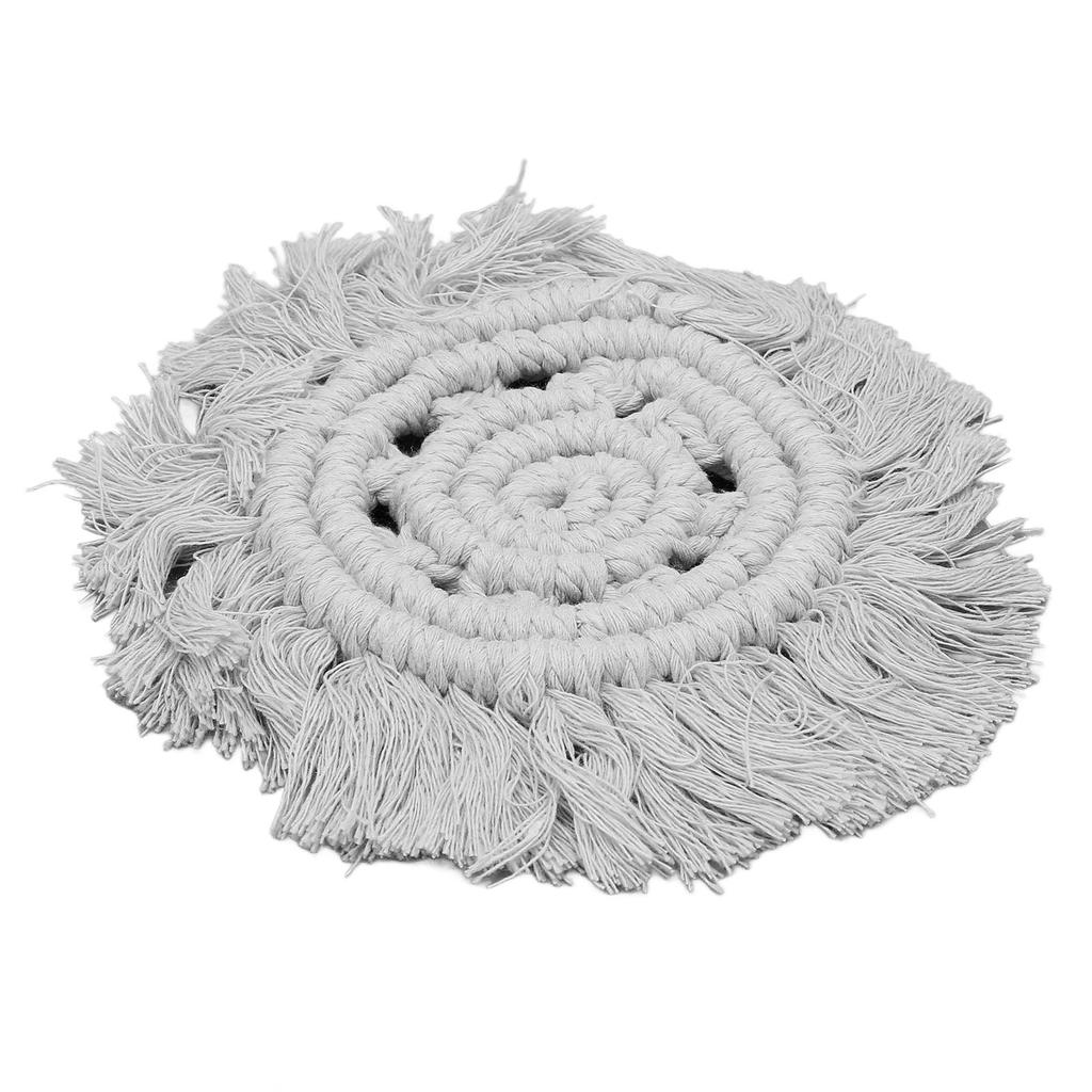 4pcs Cotton Thread Woven Drink Coasters with Tassel Round Pure Color Elegant   Lipstick Pot Pads Mats