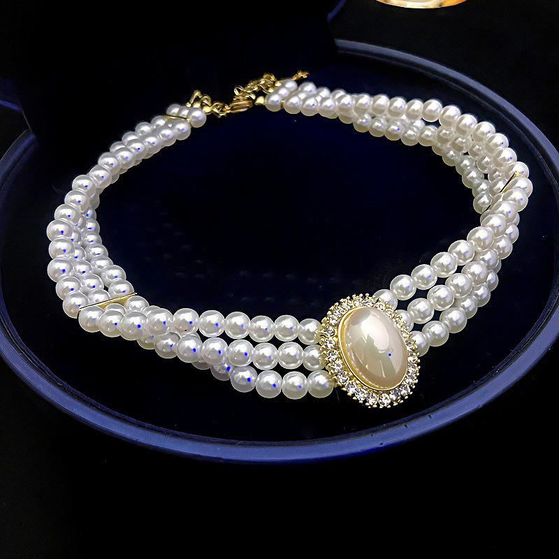 French Retro Small Fragrance Three-Layer Pearl Necklace Flash Diamond Pearl Wedding Dress Clavicle Chain For Women Neck