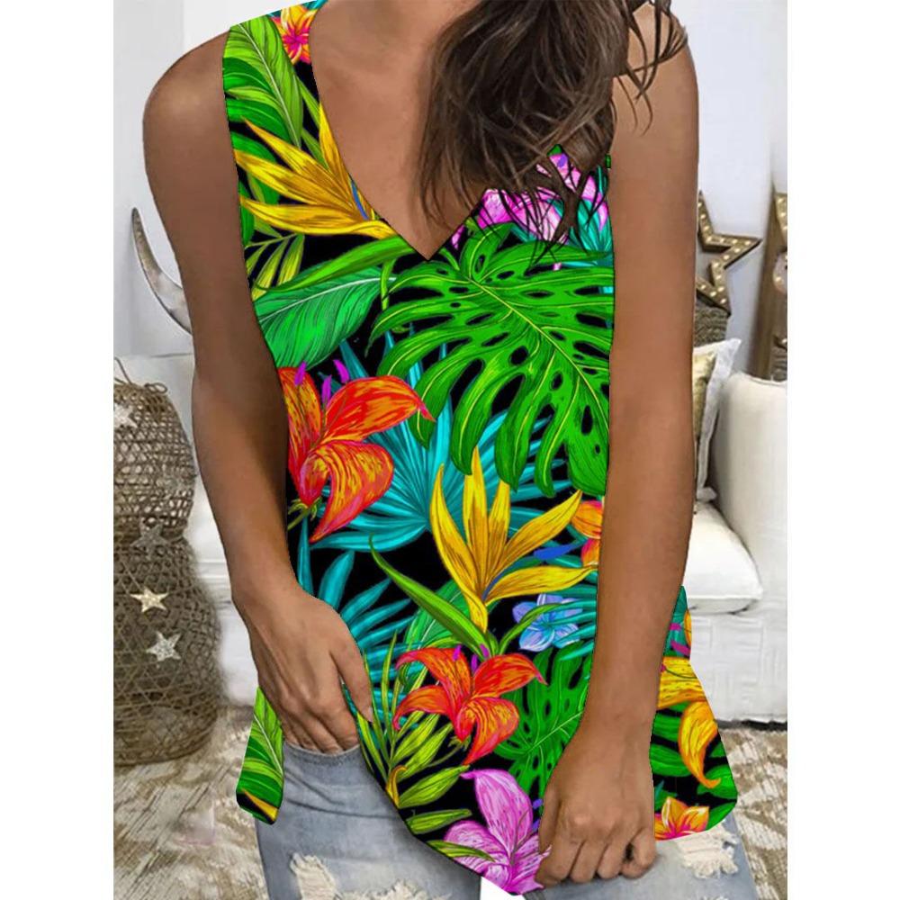 Colorful Flower Floral Tropical 3D Print Tank Top Women V-Neck Sleeveless Camisoles Off Shoulder Vest Y2k Tops Woman Clothing