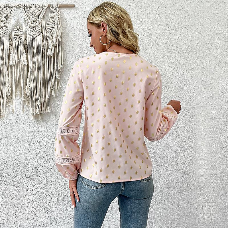Women's Fashion Casual Polka Dot Print Long Sleeve V-Neck Blouses & Shirts