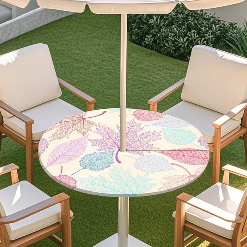 Outdoor Round Table Cover With Floral Print Oil Painting Style Waterproof Elastic Edge Patio Garden