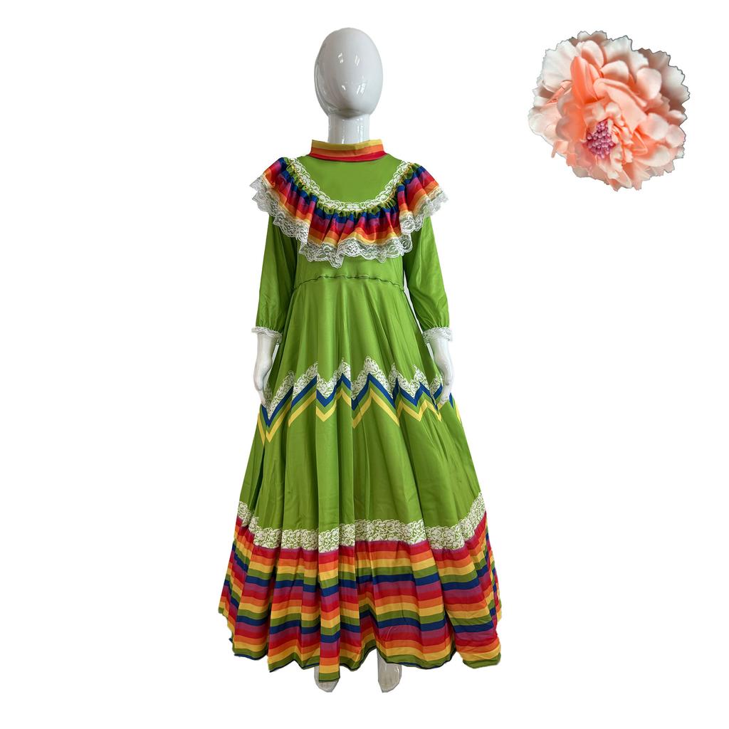 Детское длинное платье в мексиканском стиле с длинными рукавами и круглым вырезом.