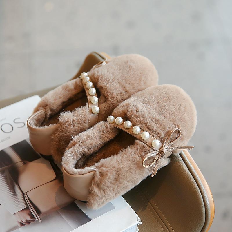 Новые детские зимние туфли, теплые, плюшевые, для девочек, повседневные, принцесса, хлопковые туфли, модные, детские, мягкие, мокасины с бантом, плоские туфли, простые
