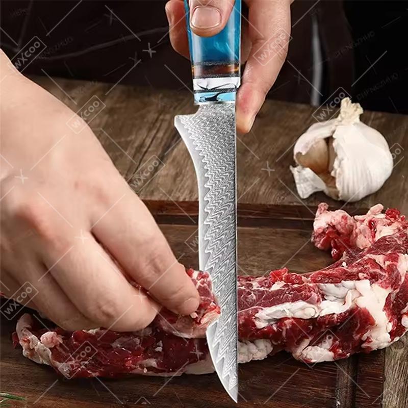WXCOO 1-6pcs Damascus Steel Kitchen Knives Set Professional Japanese Santoku Knife Fruit Paring Utility Handle Blue Resin Set