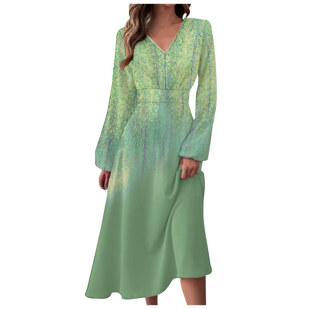 Женское осенне-зимнее повседневное модное длинное платье с v-образным вырезом и длинным рукавом с цветочным принтом