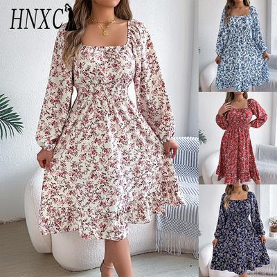 HNXC Осенне-зимняя Элегантная Юбка А-силуэта с Цветочным Узором, Квадратным Вырезом, Длинным Рукавом, Приталенным Силуэтом и Оборками Женская Одежда