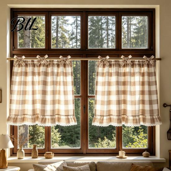 Soft Light Filtering Curtains Buffalo Check Window Valance, Ruffled Valance Curtain with Lace Trim And Bows, Toppers for Kitchen Rod Pocket