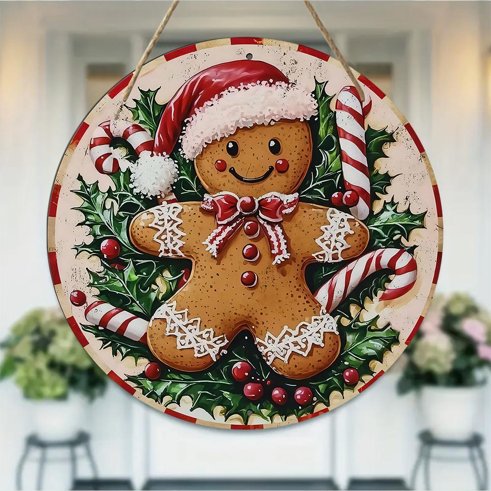 Vintage Gingerbread Man Christmas Round Wooden Hanging Plaque Holiday Wall Decor Front Door Sign Festive Home Ornament Xmas Party Supplies
