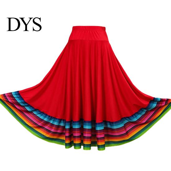 Dance Skirt Midi Ladies Folk Elastic High Waist Spanish Swing Rainbow Large Hem Mexican Flamenco Performance