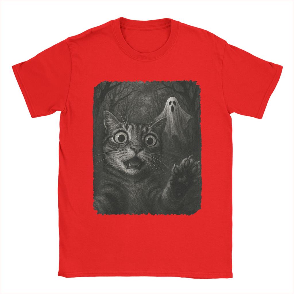 Men T-Shirt Cat Selfie with Spooky Ghost Funny 100% Cotton Tee Short Sleeve Funny Halloween T Shirts Round Neck Clothes Graphic