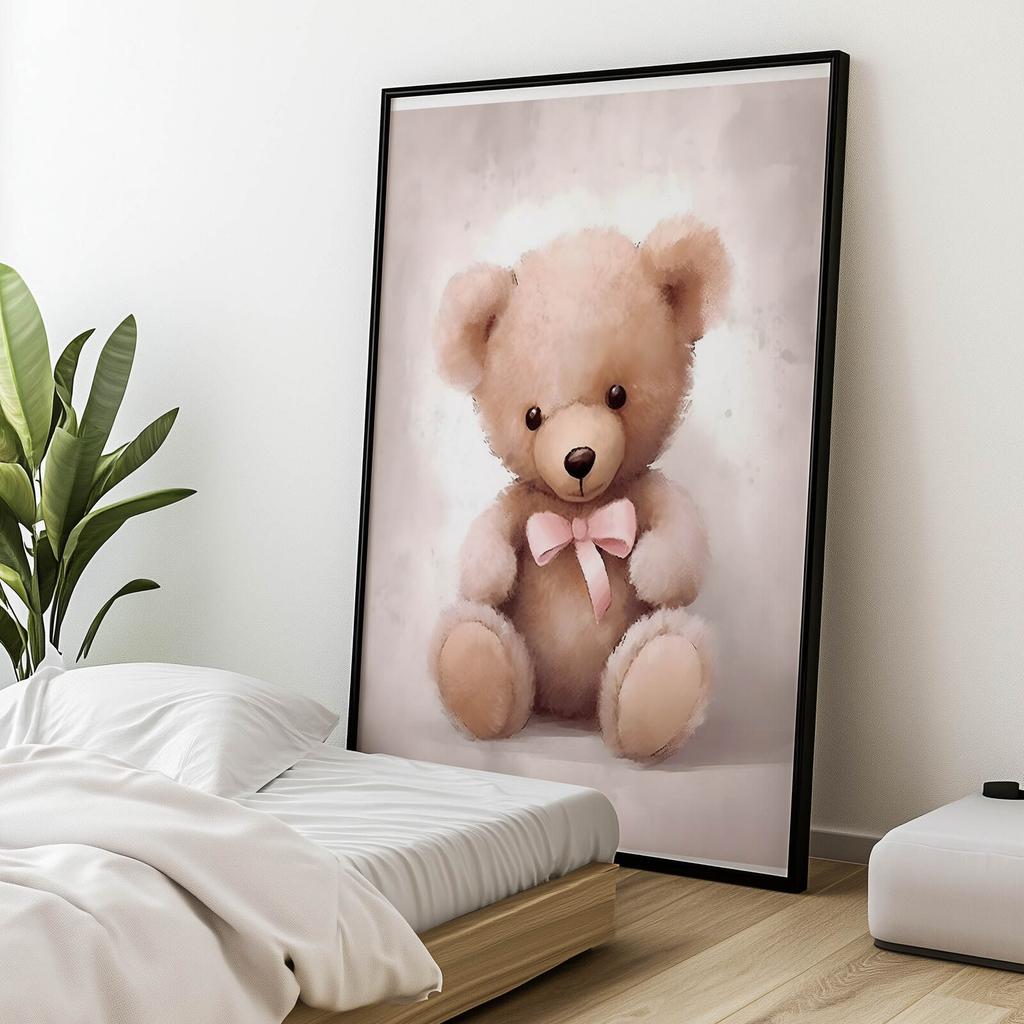 Мишка с розовым бантом Мишка с розовым бантом, 30X40 см, Алюминиевая рама черная, Матовая бумага 230 г/м2