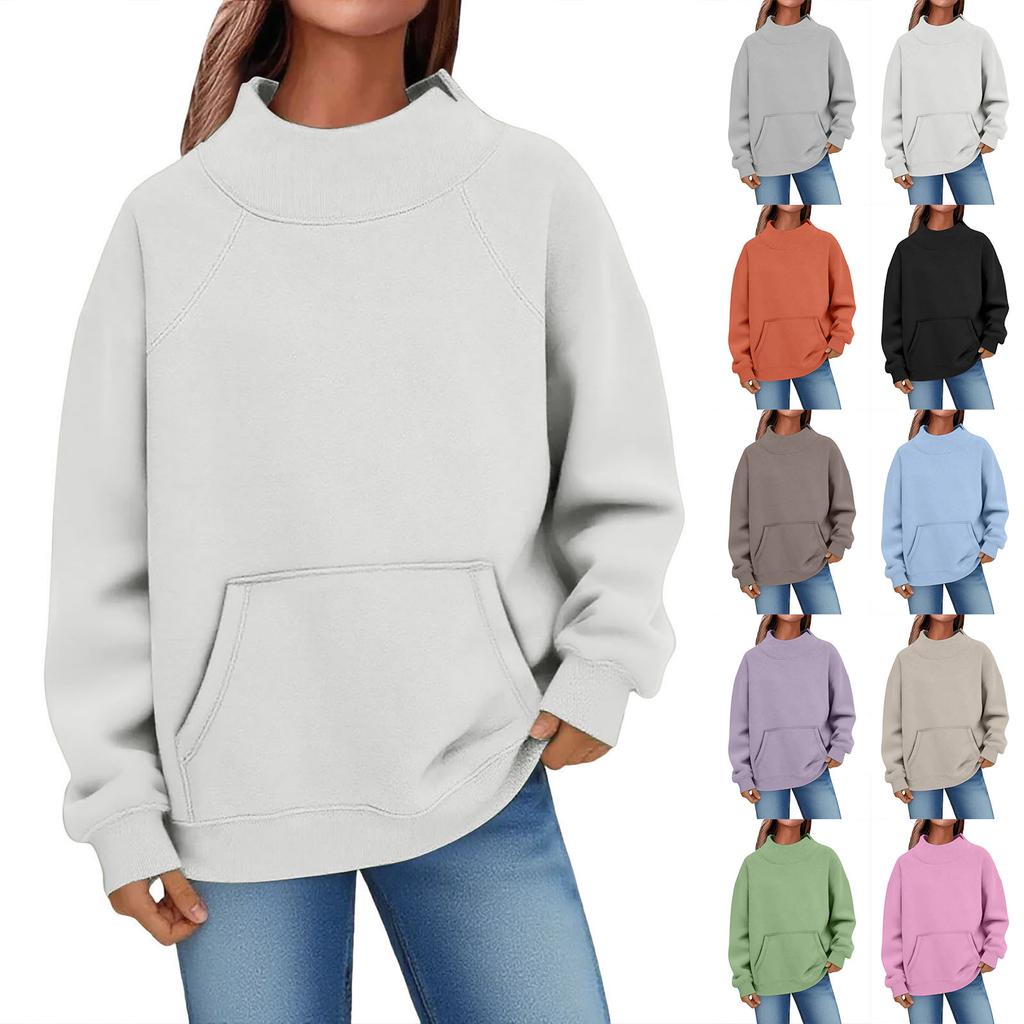 Women's Fashion Oversized Fleece-Lined Long-Sleeve High-Neck Pullover Solid Color Sweatshirt