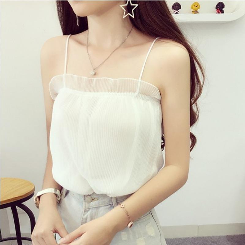 Retro Summer Outer Wear, Holiday Pleated Sexy Versatile Bottoming Camisole Women's Chiffon Fresh Top
