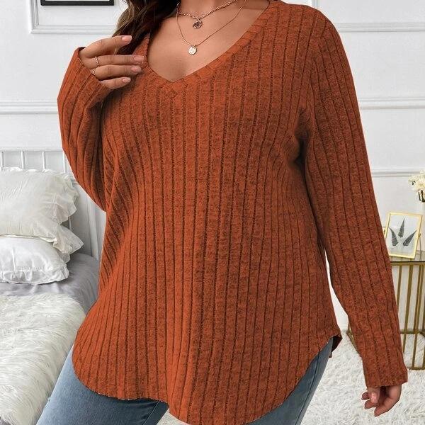 GMXIA Осень-зима, однотонный женский топ больших размеров с v-образным вырезом и длинными рукавами, шерстяная футболка в полоску, свободный чехол