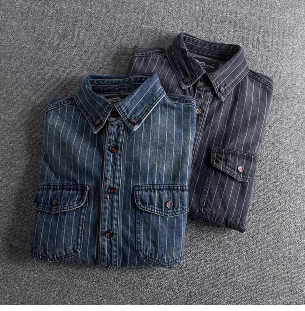 Мужская модная ретро-джинсовая куртка в полоску с длинными рукавами и потертостями для повседневной носки на весну и осень.