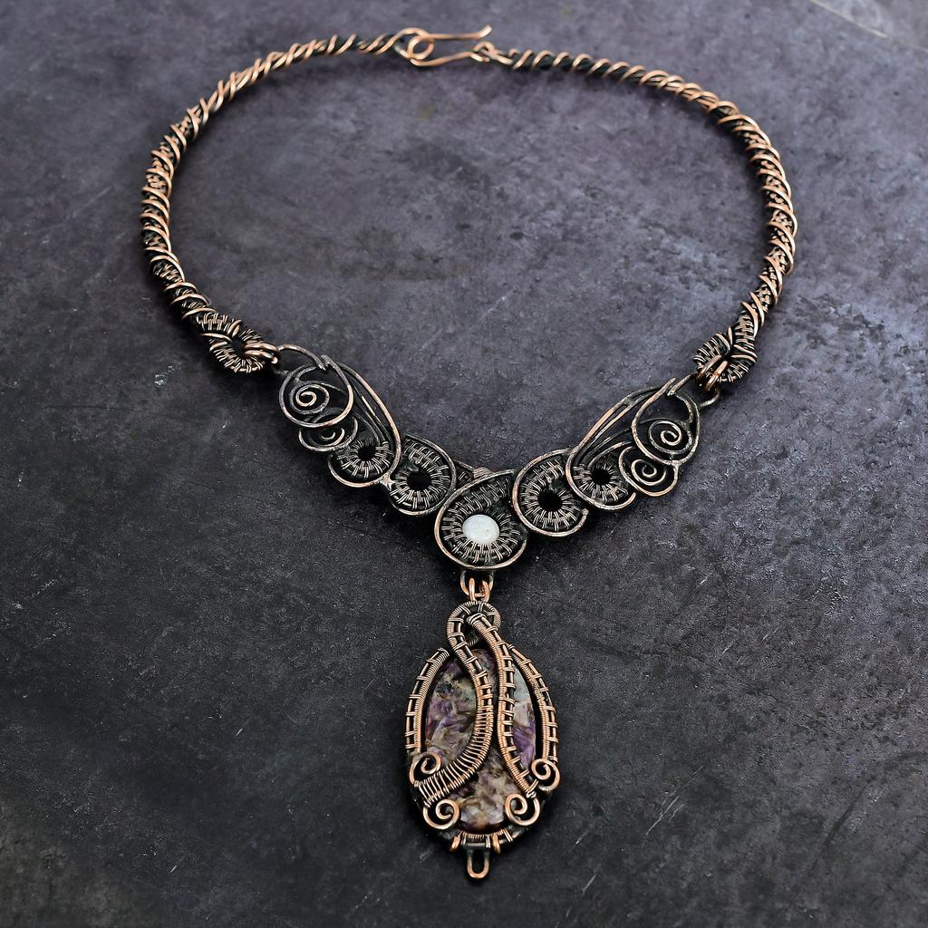 Ювелирное ожерелье из натурального русского чароита, лунного камня, медная проволока, 18 дюймов, U5f98