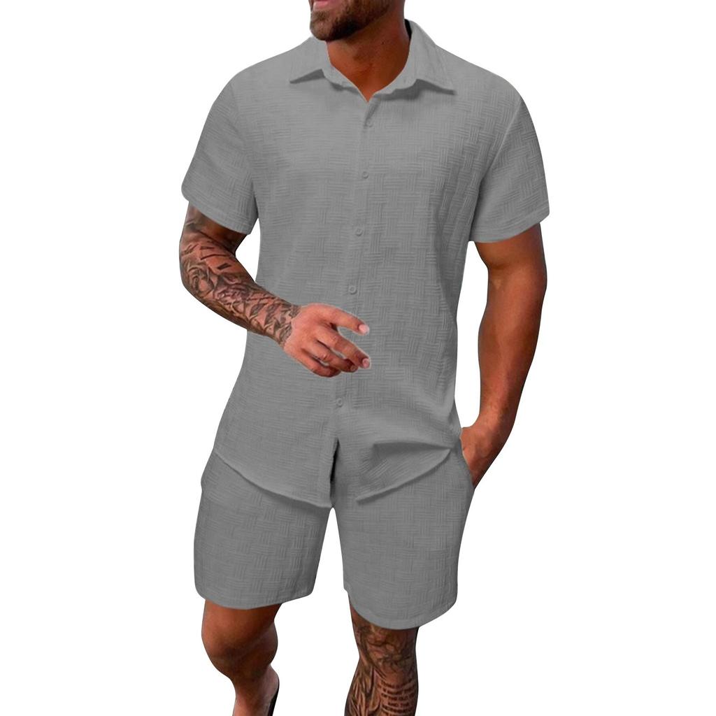 Men's Summer Solid Color Short Sleeve Button Lapel Shirt Shorts Set