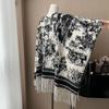 Women's Retro Ink Painting Tassel Cape Shawl - Double-Sided, Loose-Fit Autumn Outerwear.