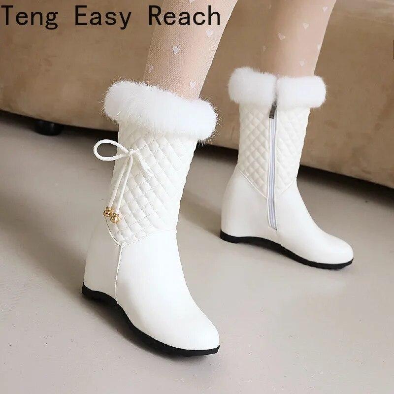 Winter White Real Hair Women'S Snow Boots Fashion Warm Plush Boots Ladies Round Toe Zip Slope Heel Snow Boots Size 33-43
