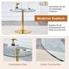 Table and Chair Collection: 85 cm Diameter, Modern Minimalist Round Glass Table with Golden Metal Support, Matching 4 Black-Gold Modern Dining Chairs.