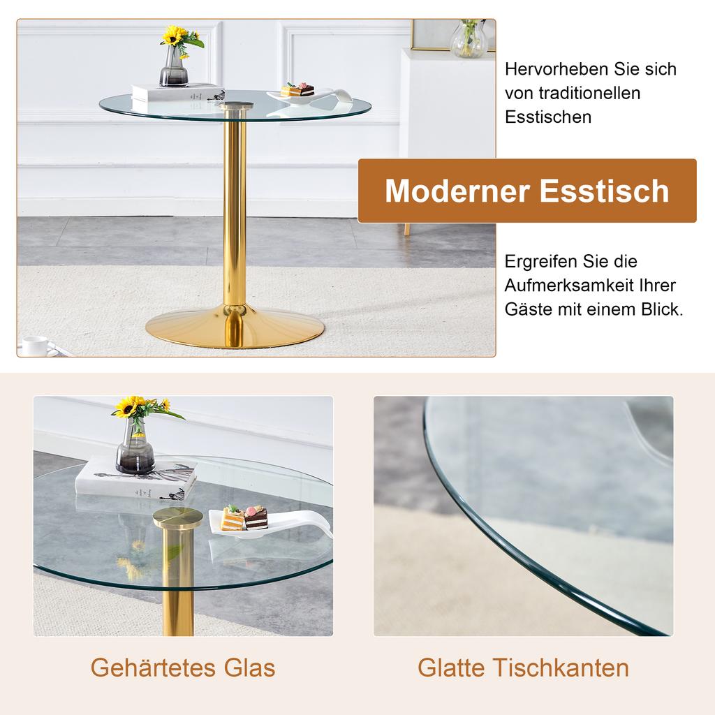 Table and Chair Collection: 85 cm Diameter, Modern Minimalist Round Glass Table with Golden Metal Support, Matching 4 Black-Gold Modern Dining Chairs.