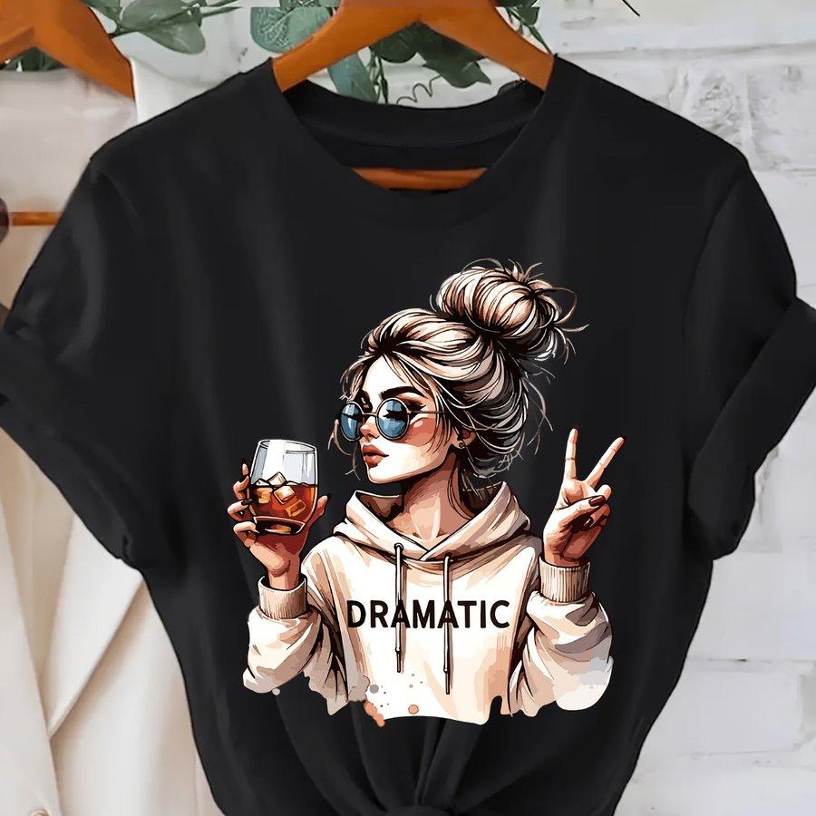 DRAMATIC 1pc Women' S Fashion Print Round Neck Short Sleeve T Shirt Casual and Comfortable for Daily Wear Trendy Print Combine