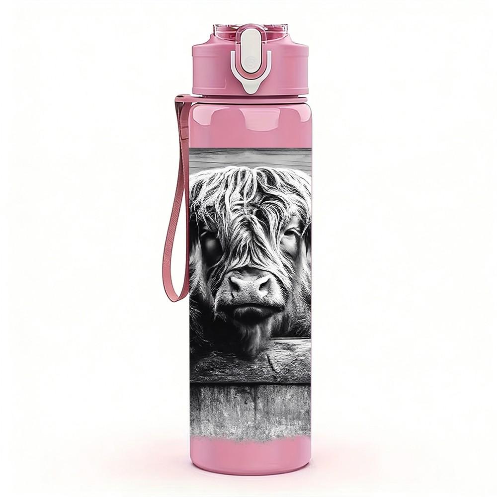 1PC Highland Cow Black White Animal Print 750ml Color Plastic Sports Water Bottle Leakproof Flip Straw Lid Suitable for Sports Office Home Use