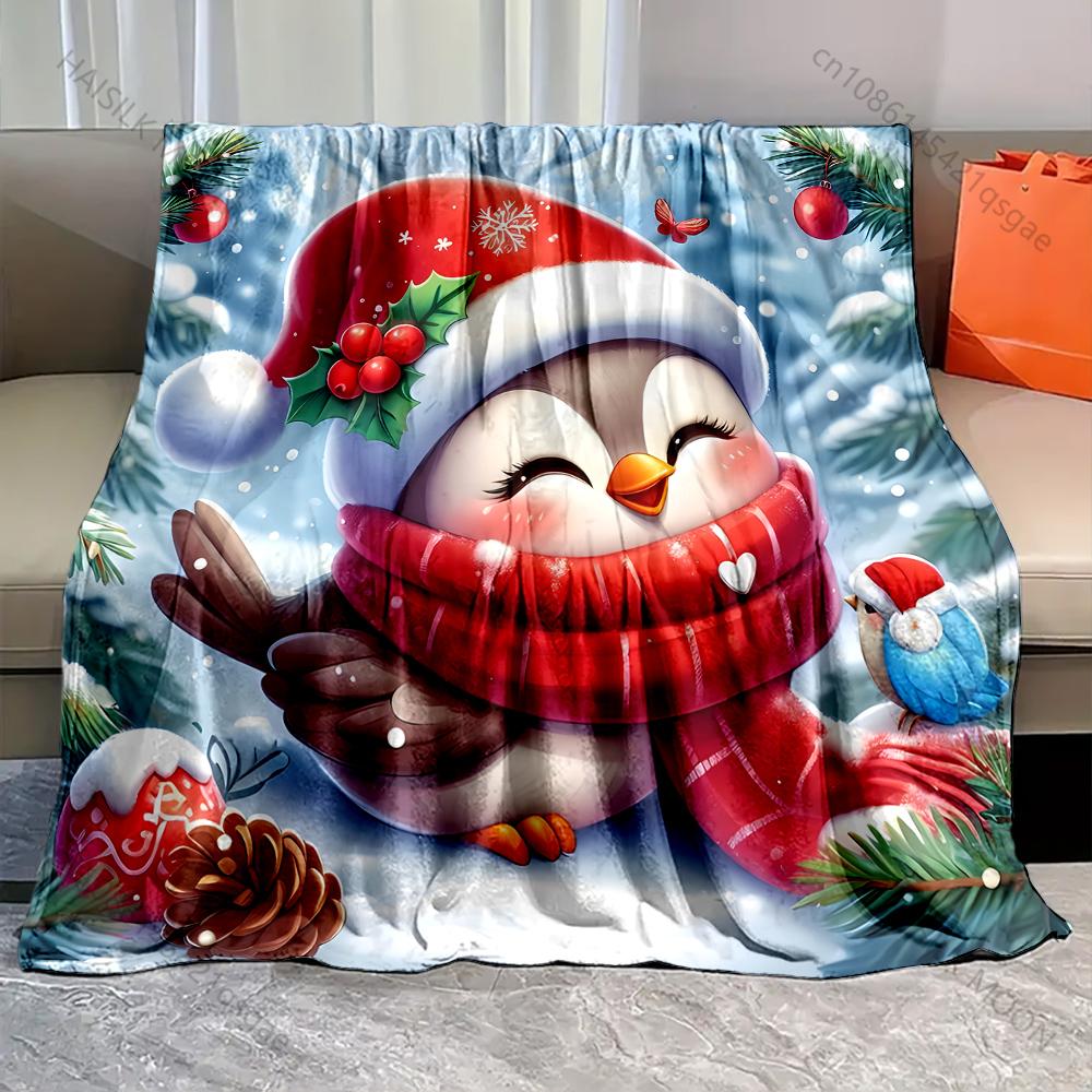 1PC Festive Penguin with Red Scarf Pattern Blanket Flannel Material Soft Warm for All Seasons Home Outdoor Camping Picnics RV