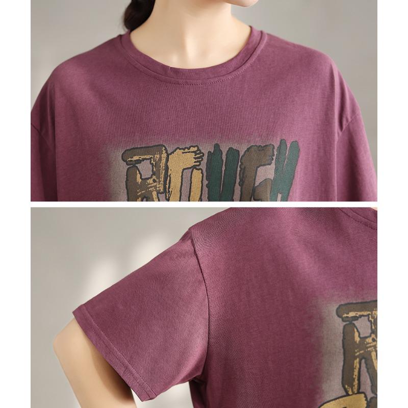 DIMANAF 2025 Women New Summer Loose Plus Size T-Shirt Short Sleeves Cotton Vintage Printing Tops Tees Maxi