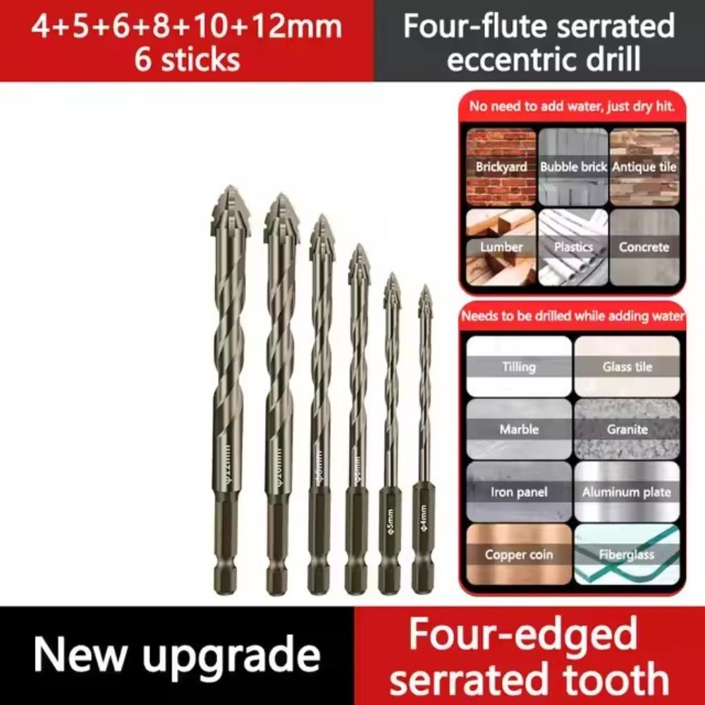 Four-Edged Eccentric Drill Bit Skewed Head Concrete Drill Bit Set for 4/6Pcs Drilling Tool