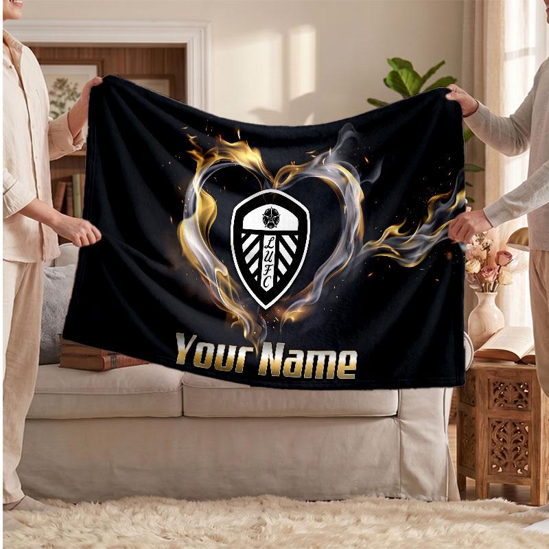 Leeds United Personalized Fleece Blanket With Football Logo, Custom Name Text Soft Warm Home Throw Blanket