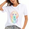 Rainbow Feather Ladies Cotton T Shirt, Pure Cotton Premium Print, Featuring Black Feather Accents, Durable, Casual Fashion, Perfect For Everyday Wear
