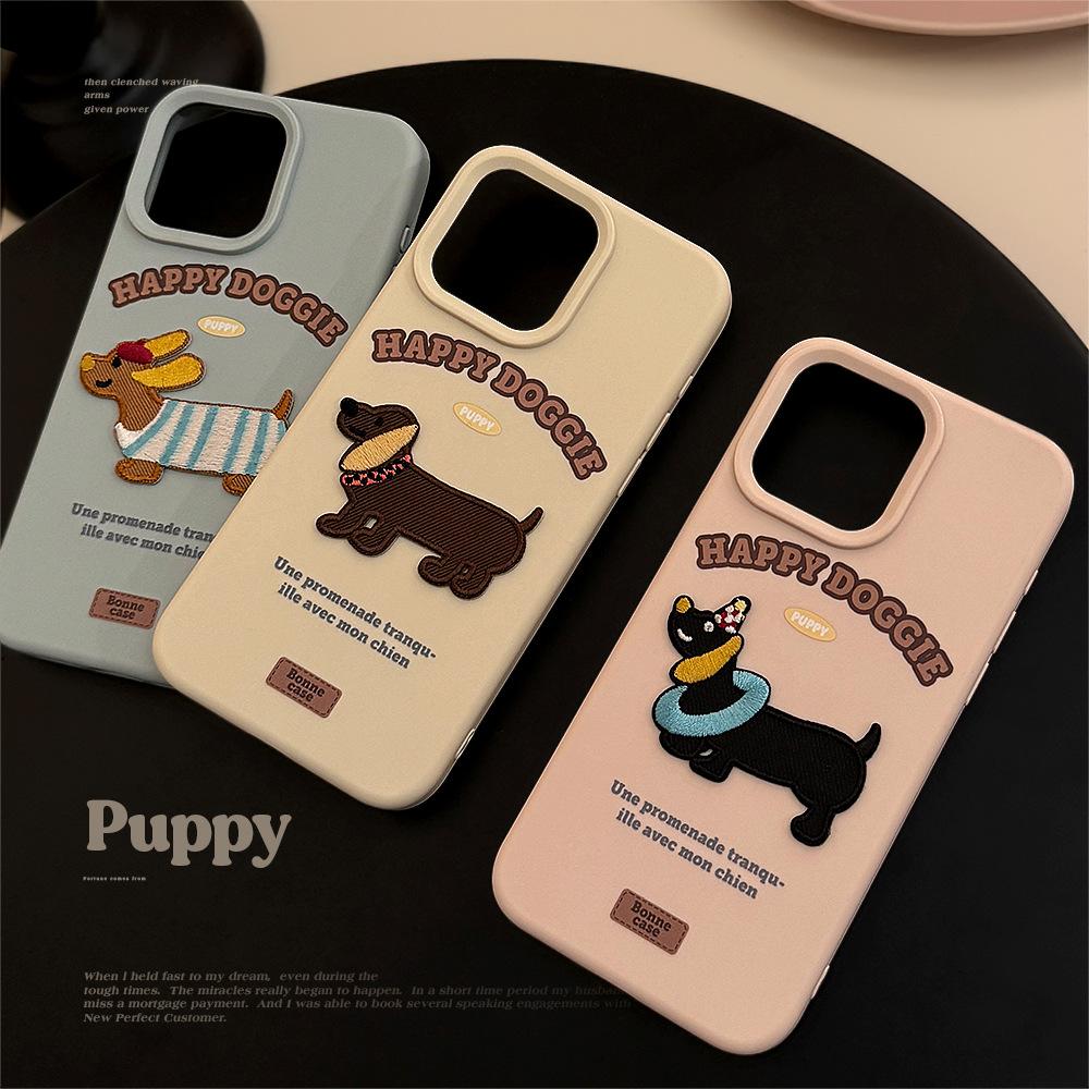 Dachshund Dog Embroidered Apple 16 Mobile Phone Case Ins Style Three Dimensional IPhone 17 Suitable for 13 Korean 15pro Max Soft