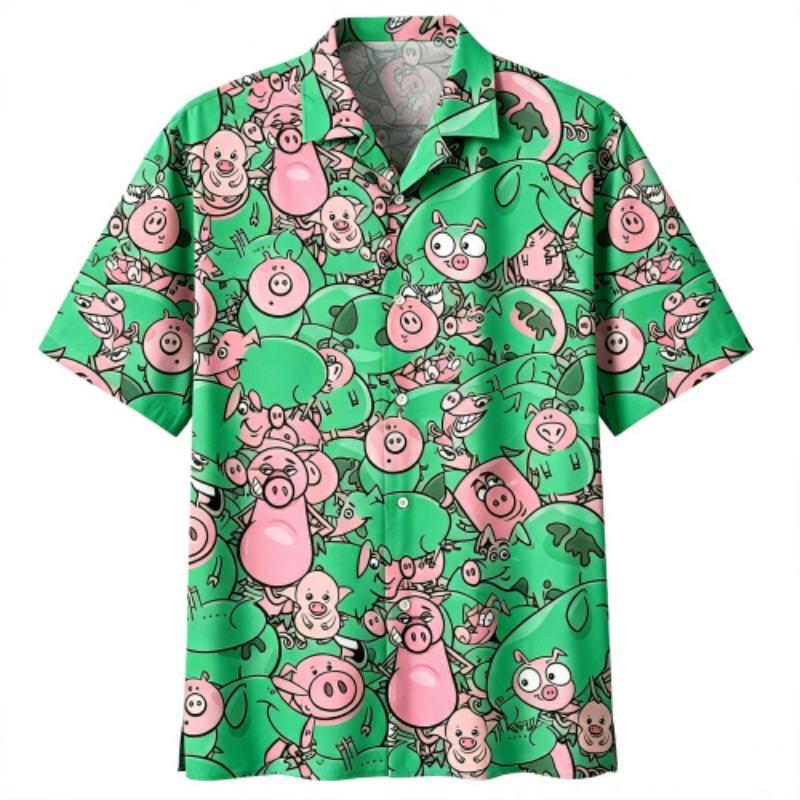 Animal Pink Pig Printing Shirt Hawaiian Beach Vacation Clothing Men's Street Style Shirt Daily Men's and Women's Shirt