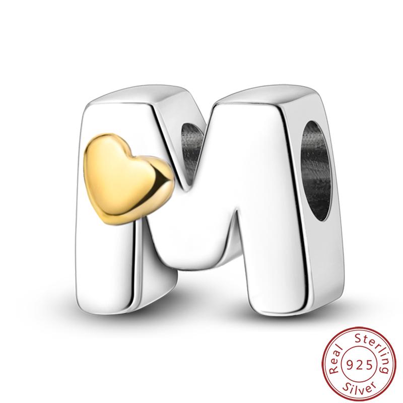 100% 925 Silver 26 Letter A-Z Gold Heart Round And Cute Design Charms Beads 3mm DIY Fine Jewelry Sweet