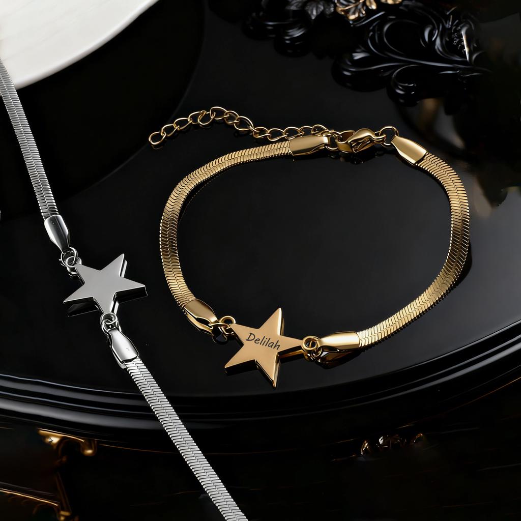 Atoztide Engrave Name Heart Star Bracelet For Women Men Stainless Steel Jewelry Blade Chain Personalized Couple Christmas Gift