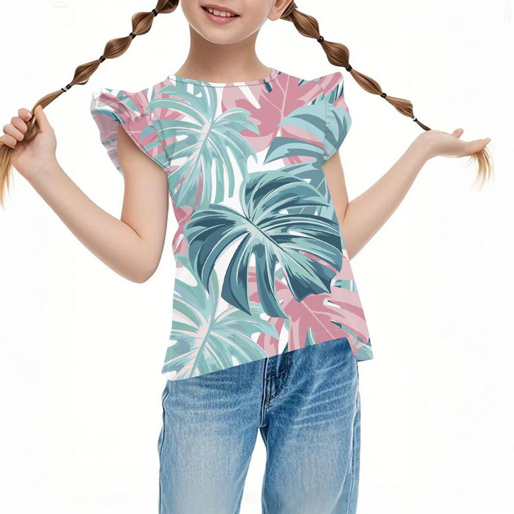 Детский повседневный топ с короткими рукавами, плиссированный, милый, с гавайским принтом, с круглым вырезом