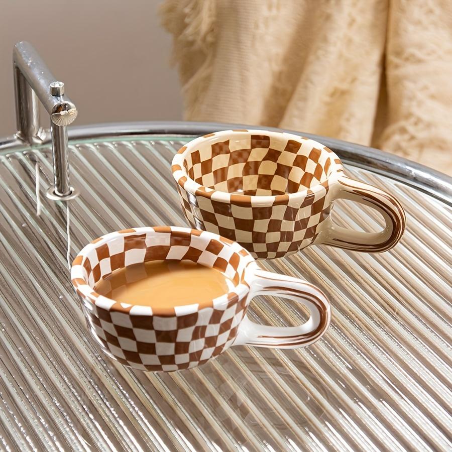 1Pc Irregular Plaid Ceramic Mug, For Home Office Casual Coffee Cup 7oz