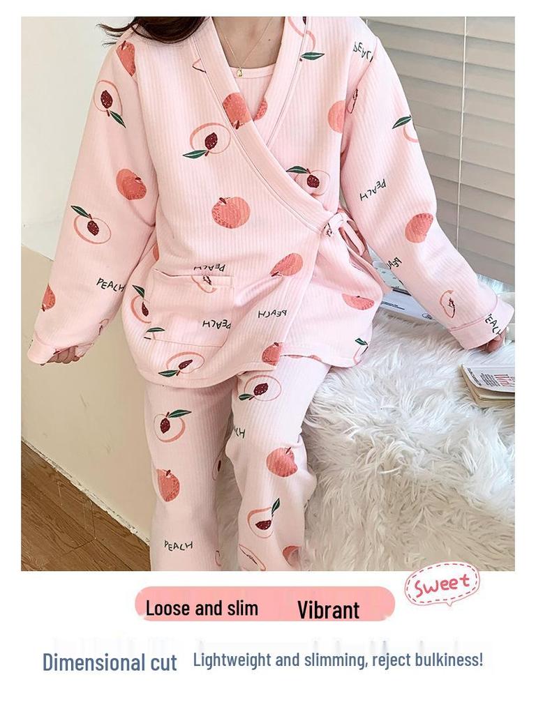 Зимний комплект из трех предметов для беременных из воздушного хлопка 2024: Утолщенное кимоно для послеродового кормления грудью и домашней носки.