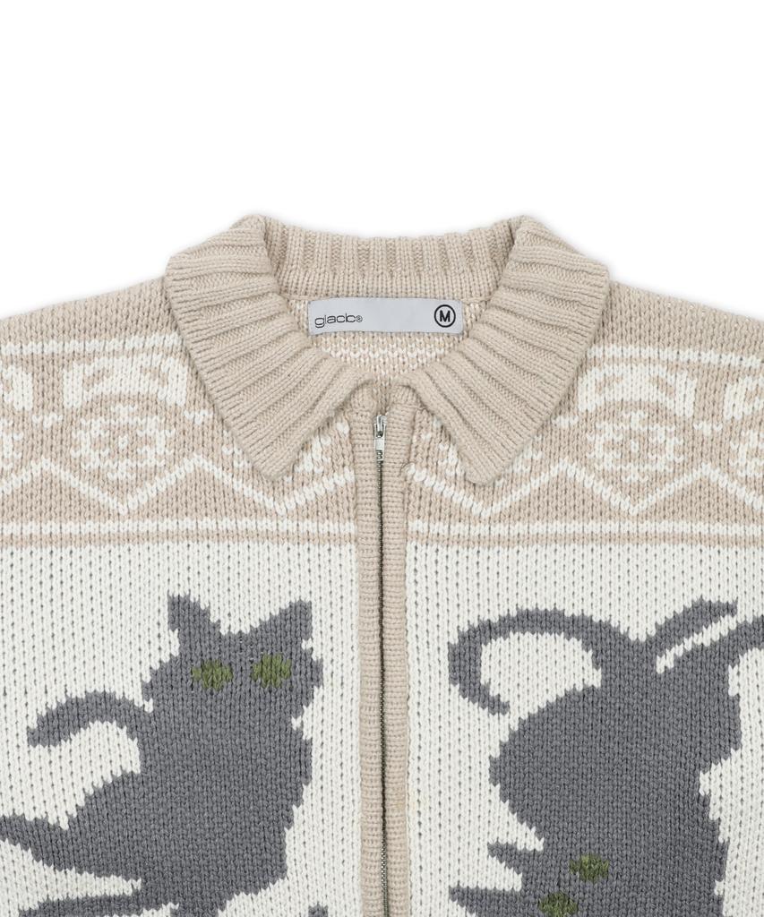 GLACK Gznt003 Ato Cat Cowichan Knit Zip-Up (Beige)