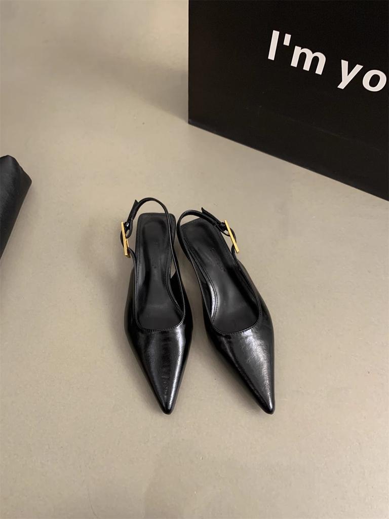 2025 тонкий низкий каблук темперамент мягкая кожа острый сказочный простой повседневный мешок голова сандалии одинарные туфли ремешок сзади маленькие кожаные туфли