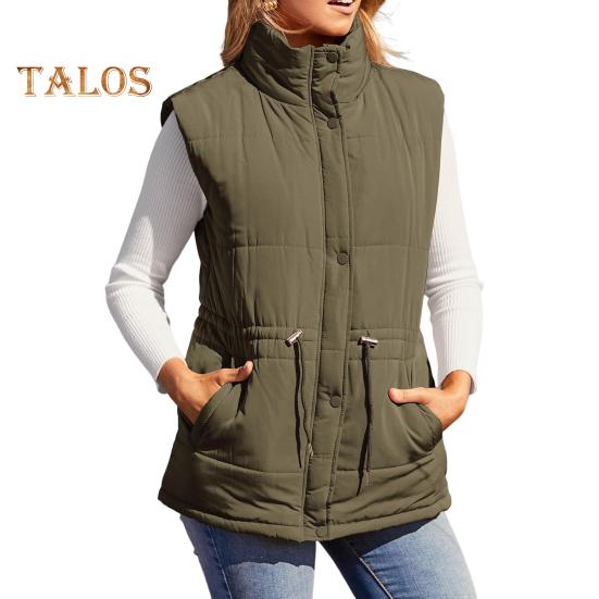 Winter Women Vest Coat Thickened Padded Button Closure Stand Up Collar Sleeveless Solid Color Drawstring Tight Waist Windproof Heat Retention Outdoor